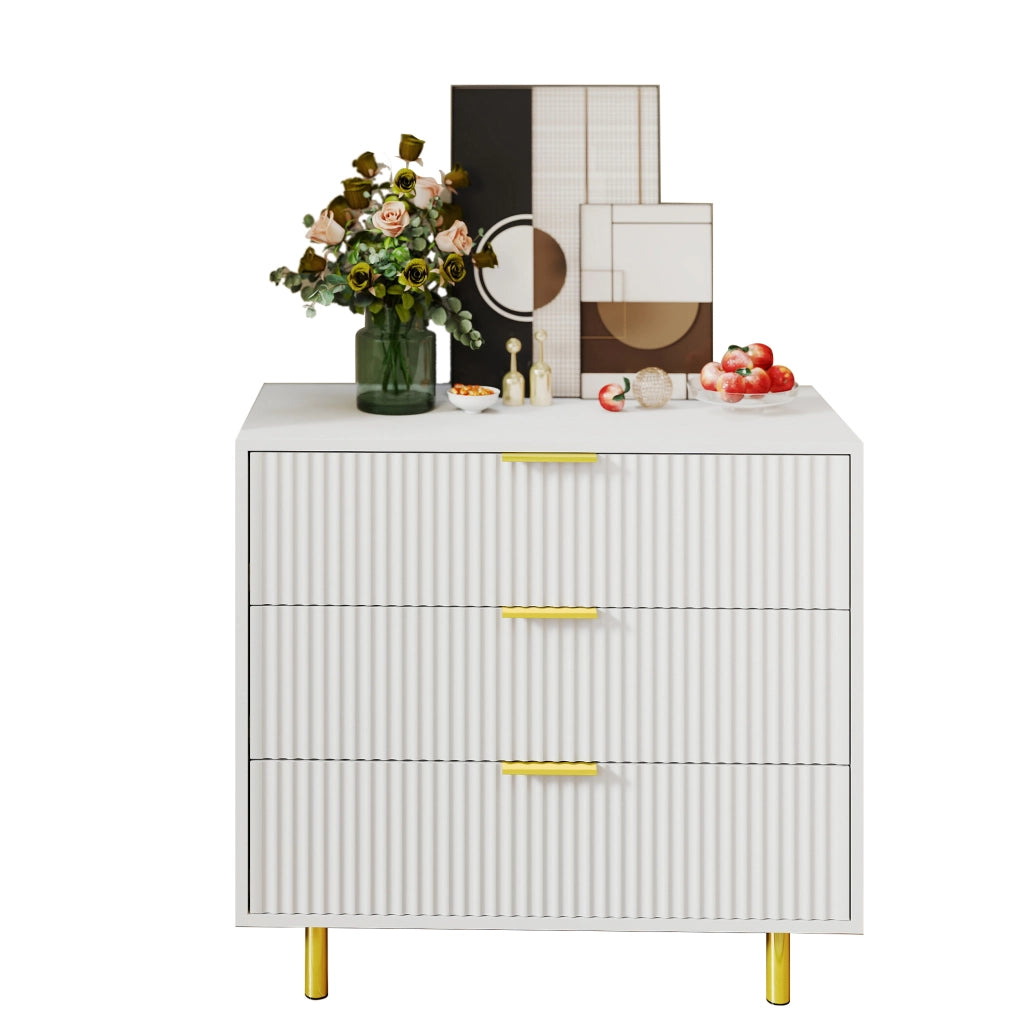 Cassettiera in MDF bianca con 3 cassetti e gambe in metallo dorato
