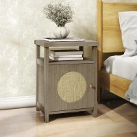 Comodino con Scaffale Aperto e Vano con Anta in Rattan, 40x35x55 cm, Legno Naturale