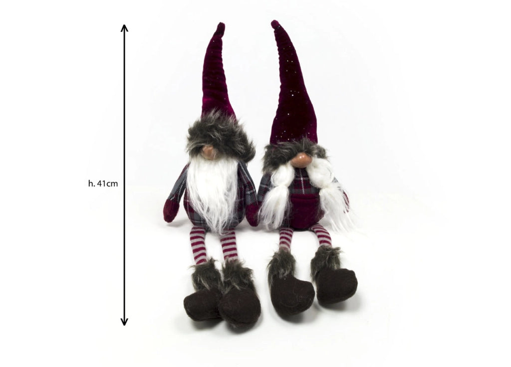 Coppia Gnomi Rossi Seduti Fermaporta Decorativi Con Gambe Molli Altezza 41 cm