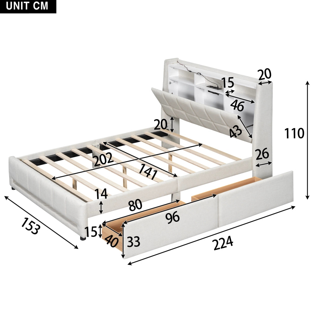 Letto contenitore 140x200 cm con LED; USB e 2 cassetti; lino e MDF beige