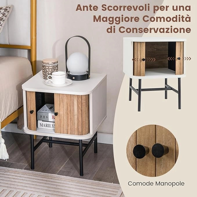 Comodino con Ante Scorrevoli, Comodino da Letto con Scomparto Chiuso, Tavolino Laterale con Gambe Metalliche, per Soggiorno, Camera da Letto, 40 x 39 x 49 cm (Bianco)
