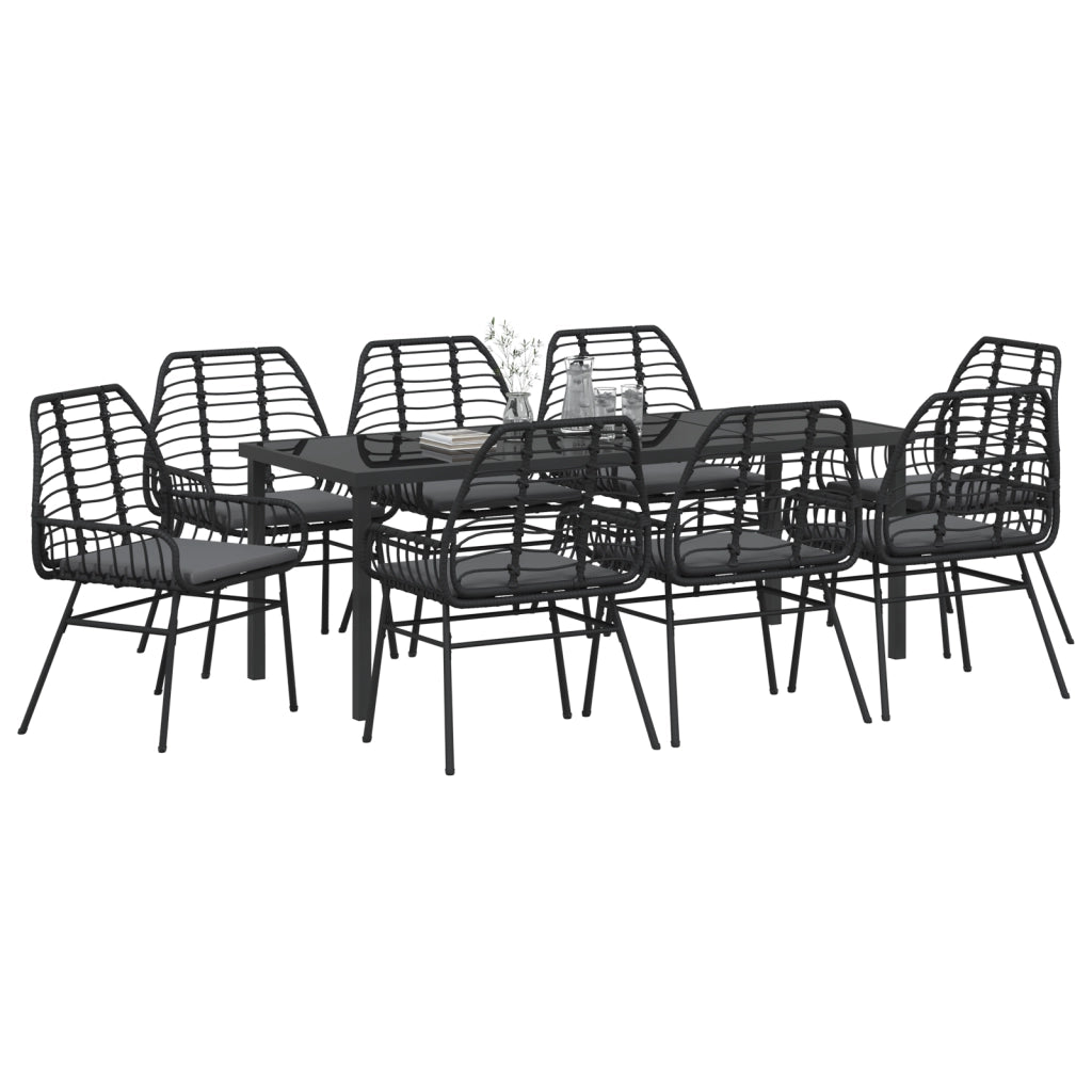 Set da Pranzo da Giardino 9 Pezzi con Cuscini Rattan Polyrattan Nero