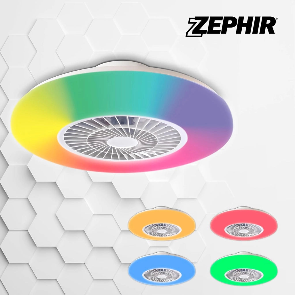 Ventilatore Plafoniera LED Zephir ZVP1 45W con Luce RGB Multicolor e CCT Dimmerabile, Motore DC, Telecomando, 6 Velocità, Funzione Reverse, 5500 Lumen