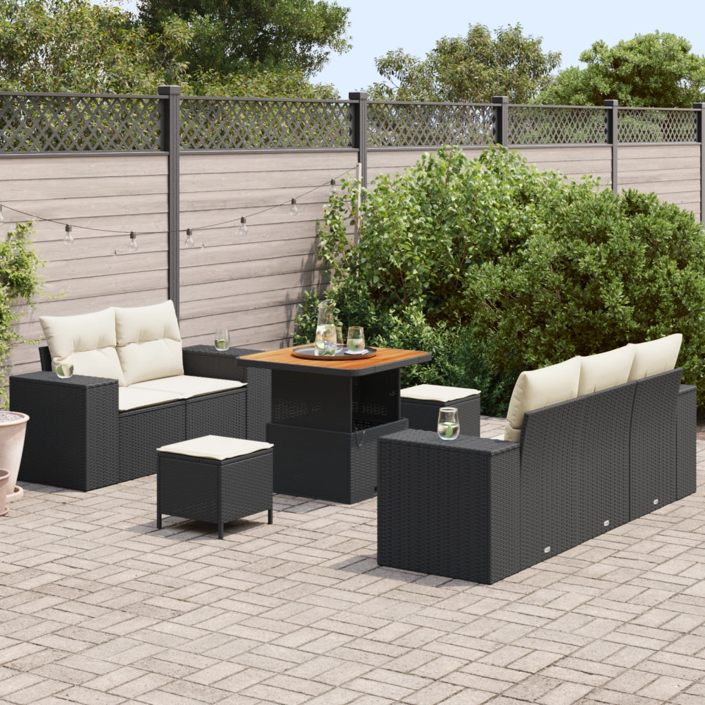 Set Divano da Giardino di 8 Pezzi con Cuscini in Polyrattan Nero Acacia