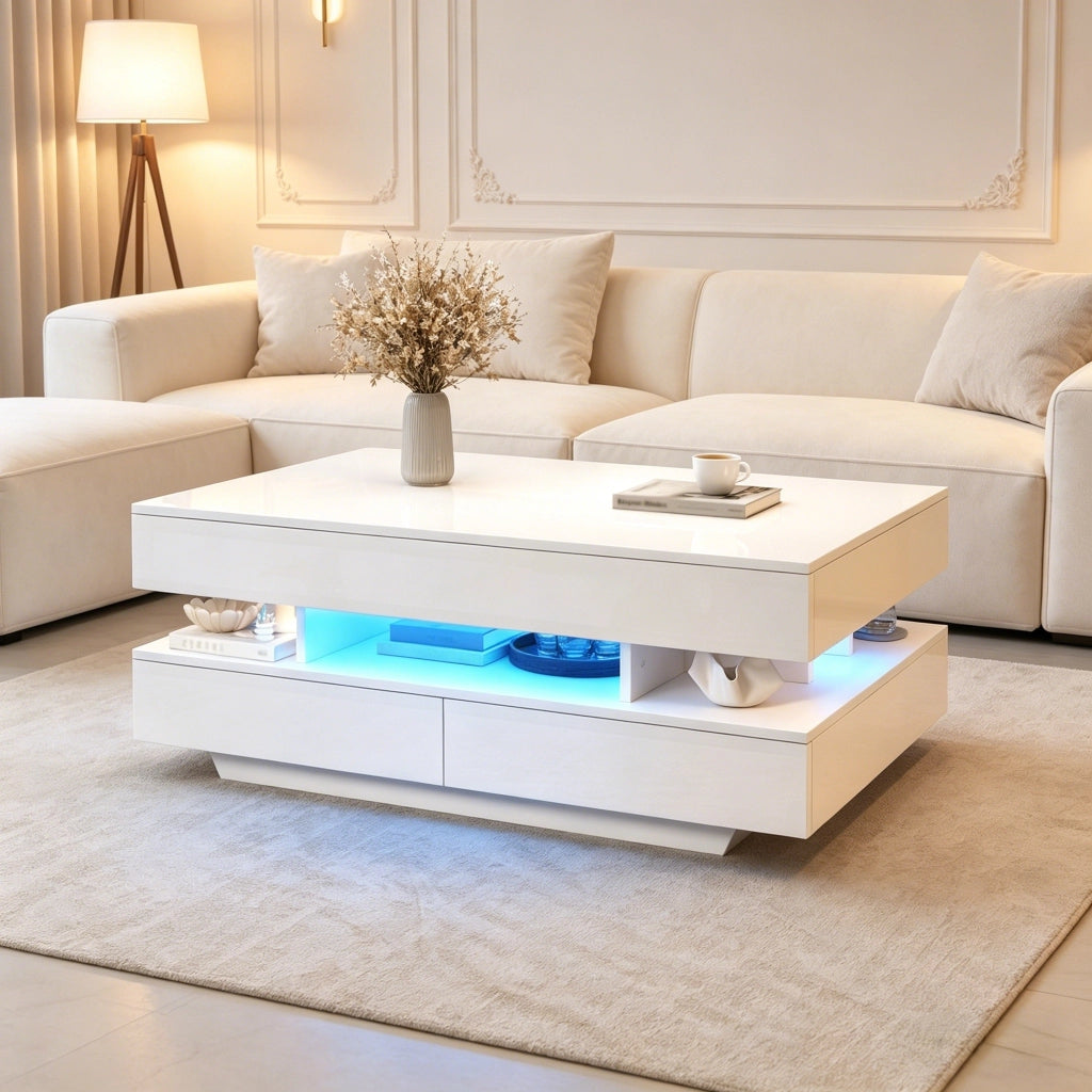 Tavolino lucido, piano regolabile in altezza, illuminazione a LED, 2 cassetti, 100 x 50 x 45 cm, bianco