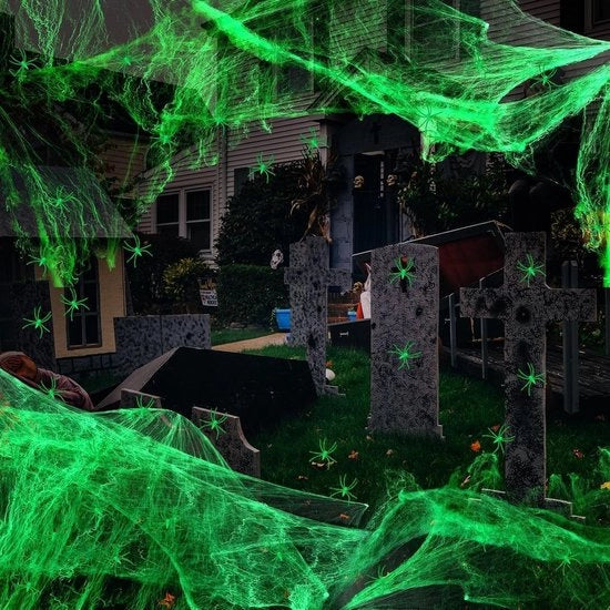 Decorazione per Festa e Giardino con Ragnatela di Halloween e 30 Fantocci di Ragni Falsi