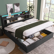 OKWISH Letto Contenitore 140×190 cm, Letto Matrimoniale con Testiera Contenitore, USB, Tipo C, LED Regolabile e senza Materasso, Lino, Grigio