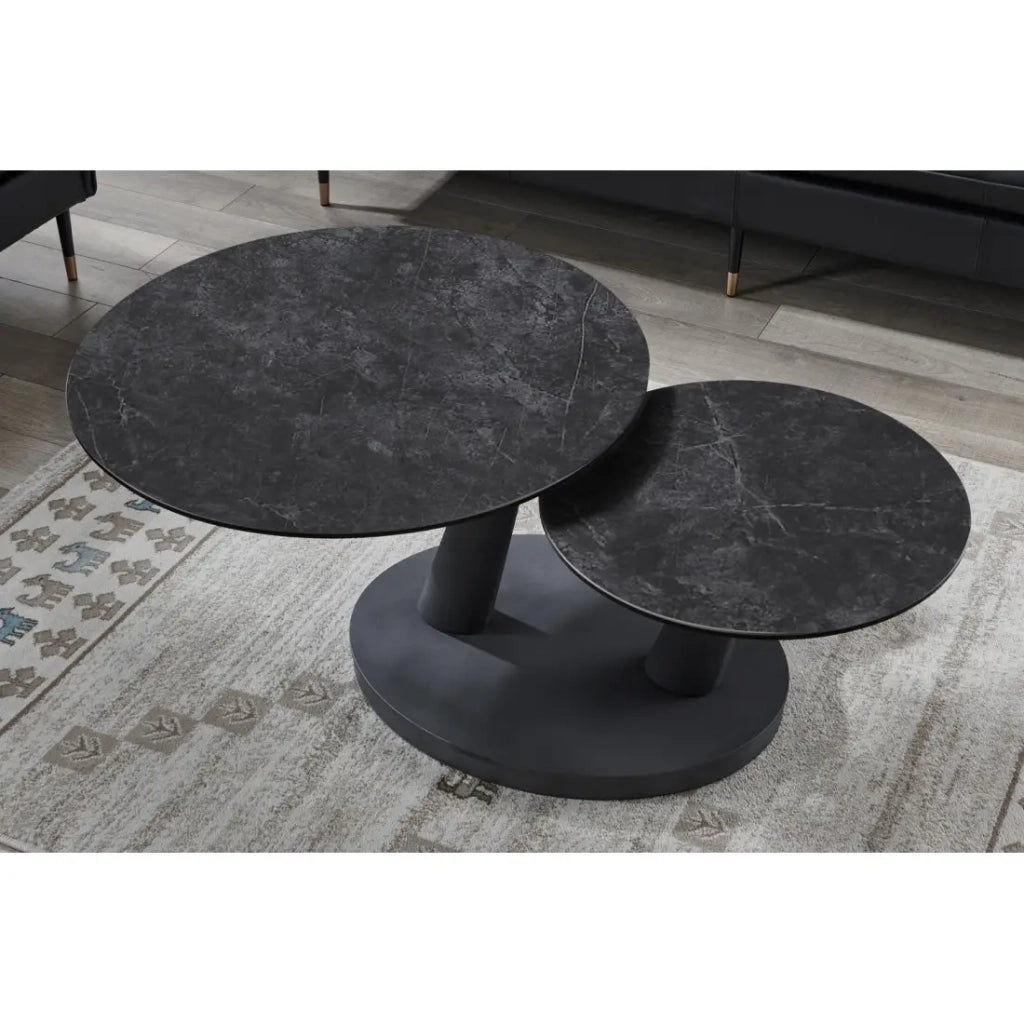 Table bassa VIRELLO – Tavolino rotondo Ø80 cm – Pietra naturale grigio scuro & metallo – Design contemporaneo e robusto