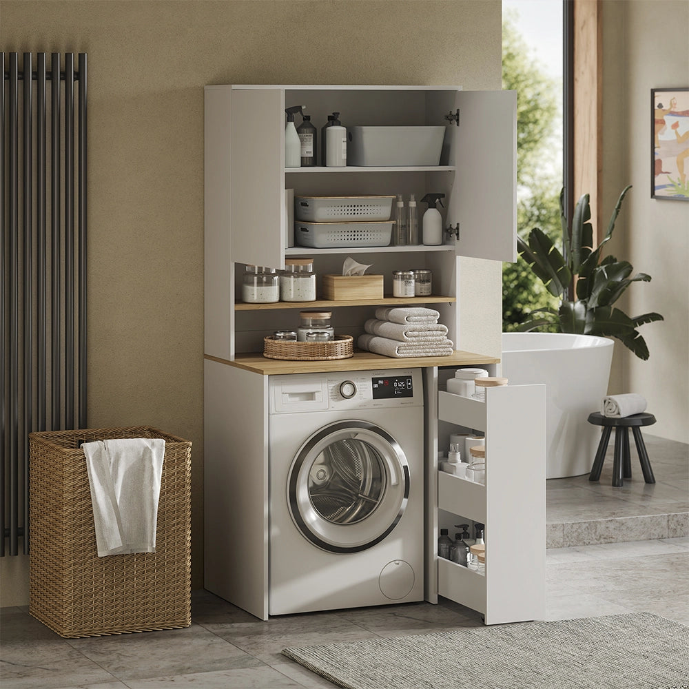 Armadio per lavatrice Viktor Bianco/Rovere artigianale 93.6 x 88.2 cm 2 parti con ripiano Vicco