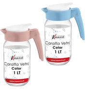 KIT SET 2 PZ CARAFFA IN VETRO TRASPARENTE CON TAPPO COLORATO E CAPIENZA DA 1 LT