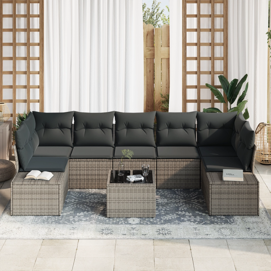 Set di Divani da Giardino 8 Pezzi con Cuscini Grigio Rattan Sintetico