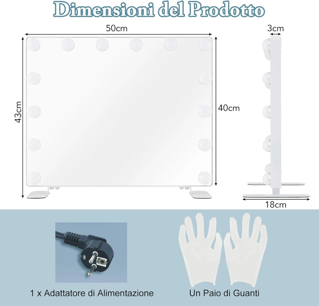 Specchio LED da Tavolo o da Parete, Specchio Rettangolare con 3 Colori, Controllo Touch Intelligente, Specchio da Trucco per Bagno Spogliatoio, 50x40 cm