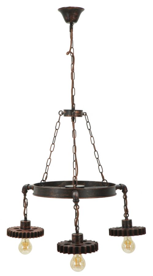 Lampadario Ingranaggio 3 Luci Ø54x104 cm in Ferro e Legno Nero e Rame