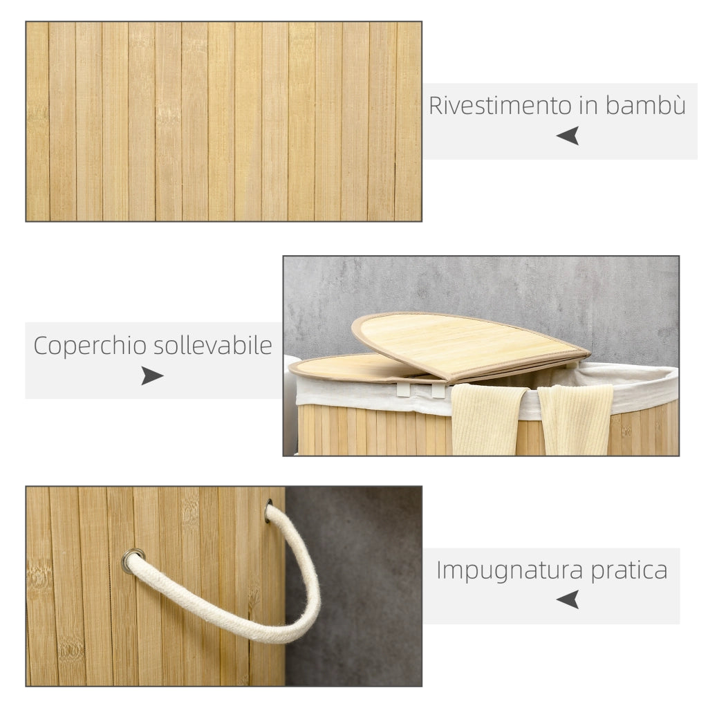 Cesto Portabiancheria a 2 Sezioni, 2 Coperchi e Capacit¨¤ 100L con Sacca Interna Removibile, 62.5x37x60.5 cm