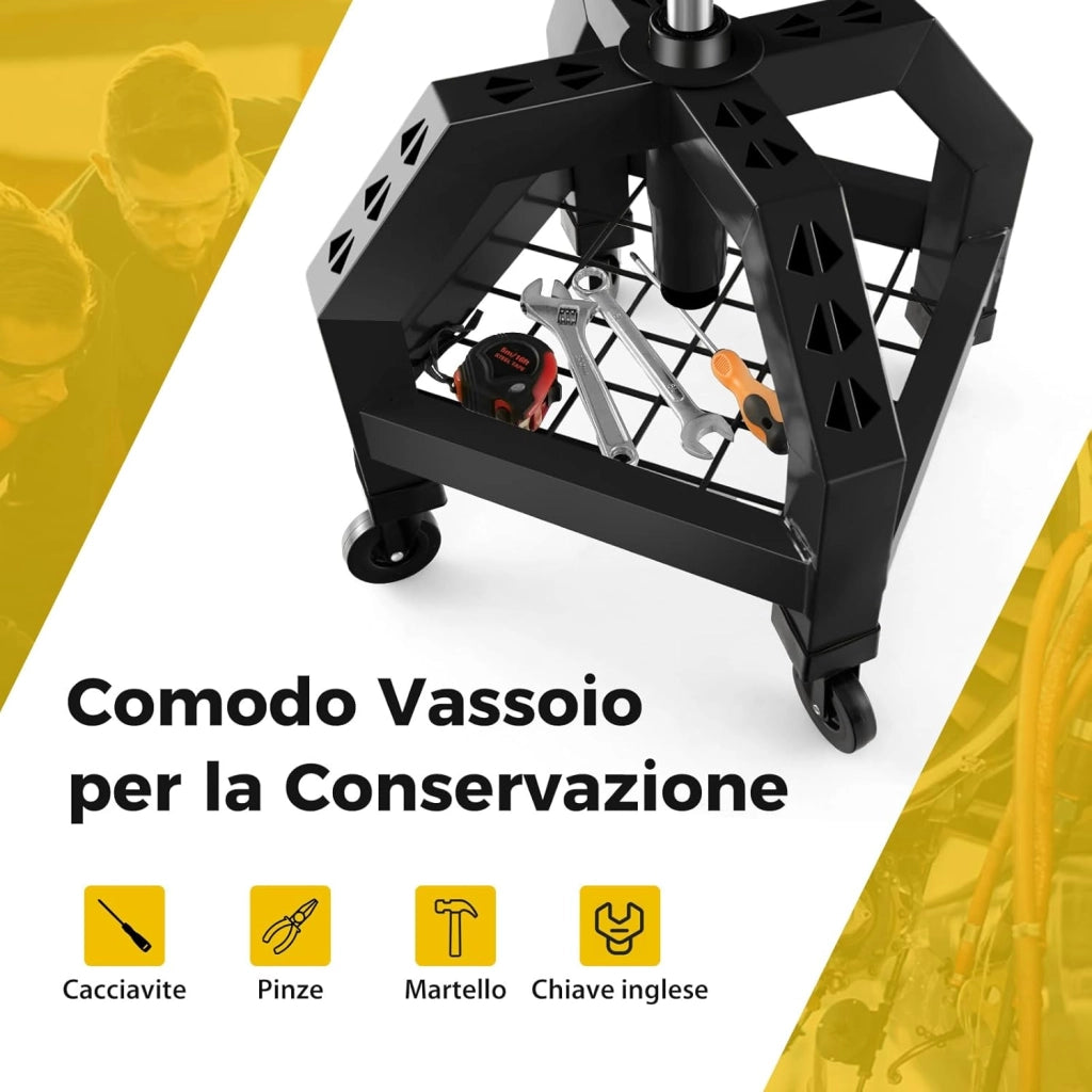 Sgabello da Officina, Sgabello Meccanico Rotante con Vassoio Porta Attrezzi, Regolabile in Altezza e 4 Ruote Universali, Capacità di 150 kg, per Garage, Officina (Nero)