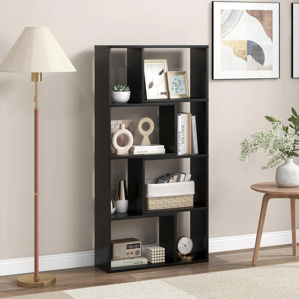 Libreria Geometrica a 4 Ripiani, Organizzatore Moderno con 8 Cubi, Mensola Espositiva a Pavimento, Mobile di Stoccaggio in Legno per Soggiorno Camera da Letto Studio, 60x20x120 cm (Nero)
