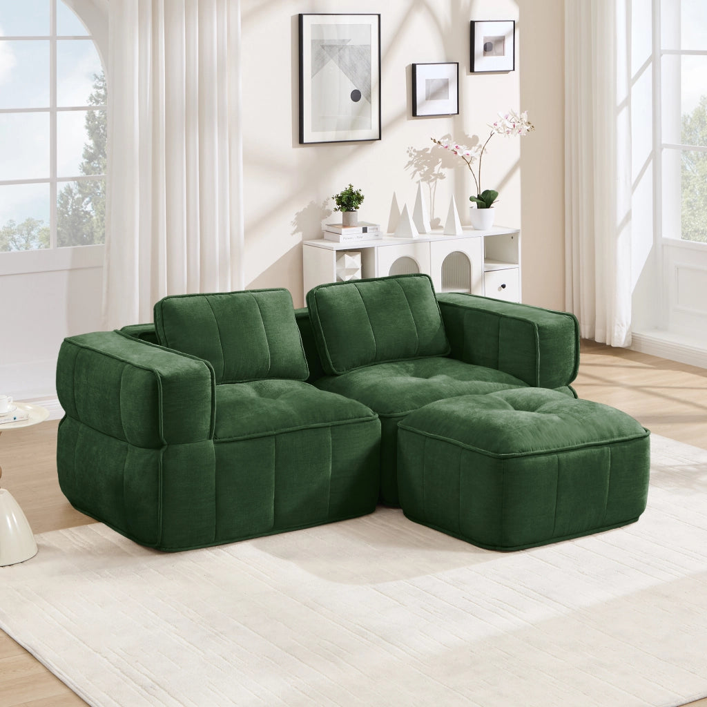 Divano modulare angolare a due posti con pouf in poliestere verde, schiuma 32D e seduta profonda 198 × 162 × 67 cm