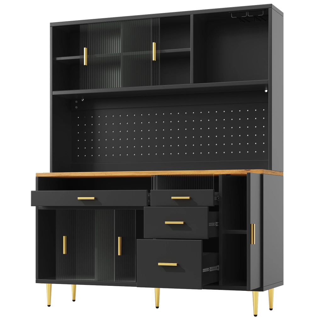 Credenza Alta da Cucina con 2 Ante Scorrevoli in Vetro; Ripiani Regolabili e LED; in MDF; 145×39×171 cm; Nero