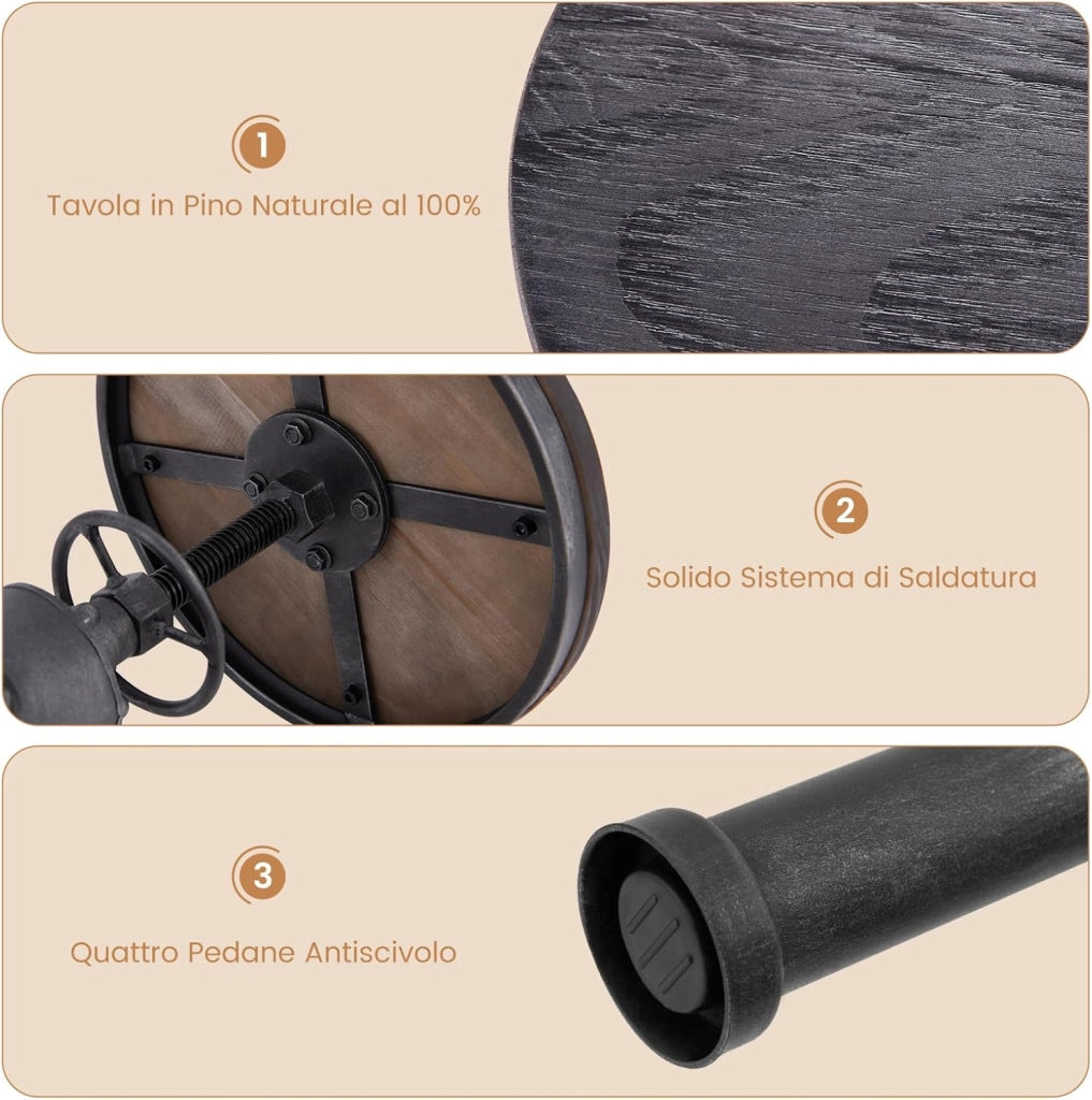 Sgabelli da Bar Industriale Girevole 360°, con Poggiapiedi, Sgabello Cucina Seduta Tonda Altezza Regolabile 60-75 cm, in Ferro e Pino (Grigio, 1)