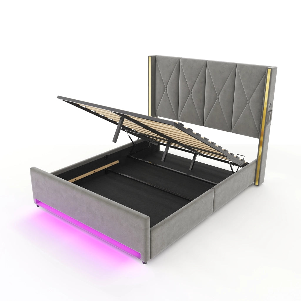Letti contenitori 160x200 cm con testiera alta; USB; LED e tasche laterali in velluto grigio scuro