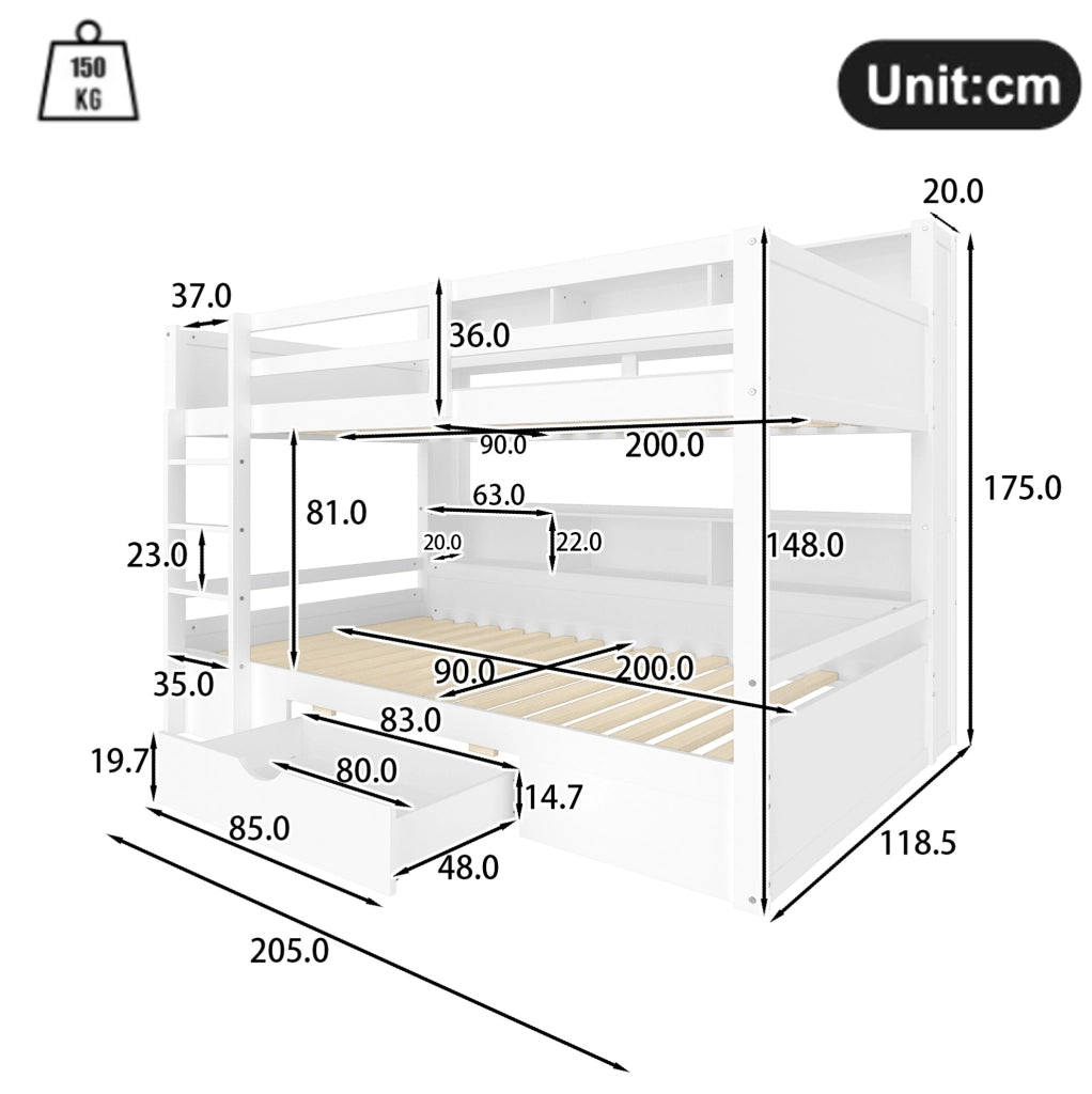 Letto a castello 90x200 cm con cassetto e vani portaoggetti; legno; bianco (Senza materasso)