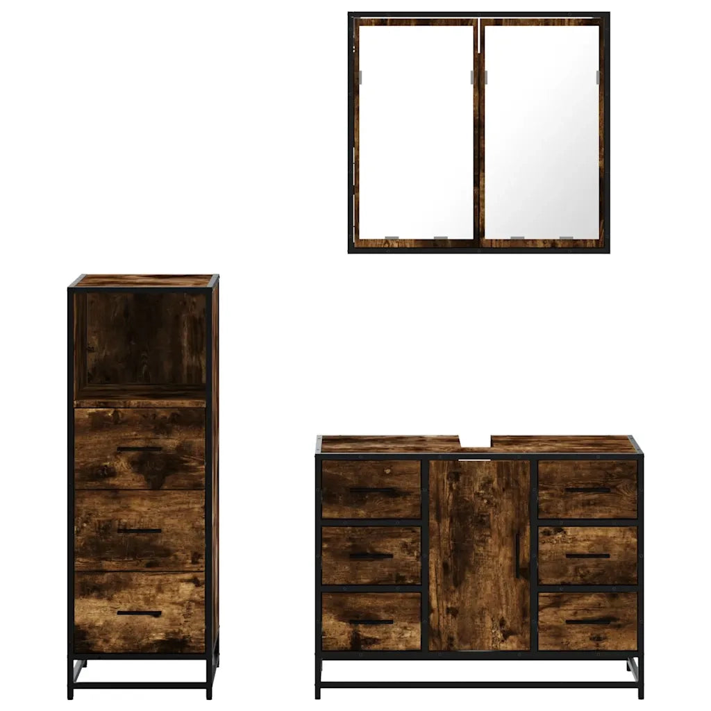 Set Mobili da Bagno 3 pz Rovere Fumo in Legno Multistrato 3301022