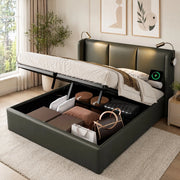 DESMIU Letto Contenitore 160 × 200 cm 2 Posti con Vano Contenitore, Luce da Lettura e Ricarica, Senza Materasso