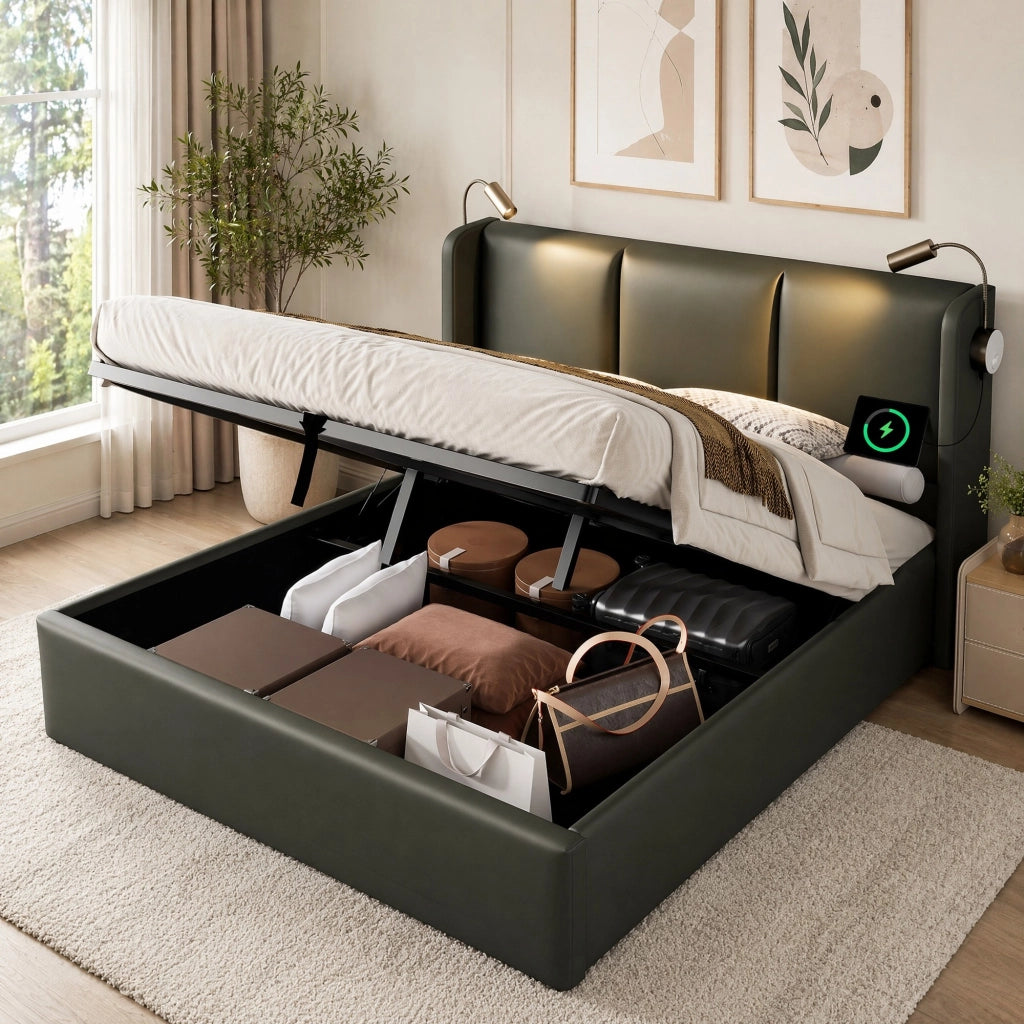 DESMIU Letto Contenitore 160 × 200 cm 2 Posti con Vano Contenitore, Luce da Lettura e Ricarica, Senza Materasso