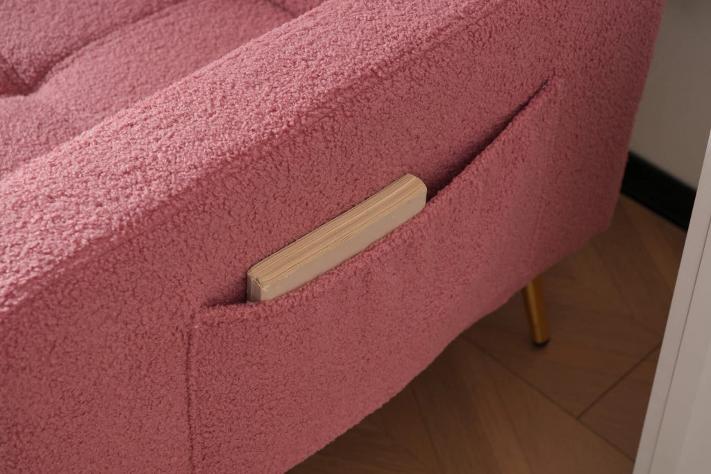 Divano Letto 2 Posti con Schienale Regolabile 105-180°; Tasche Laterali e Cuscini; in Sherpa Rosa