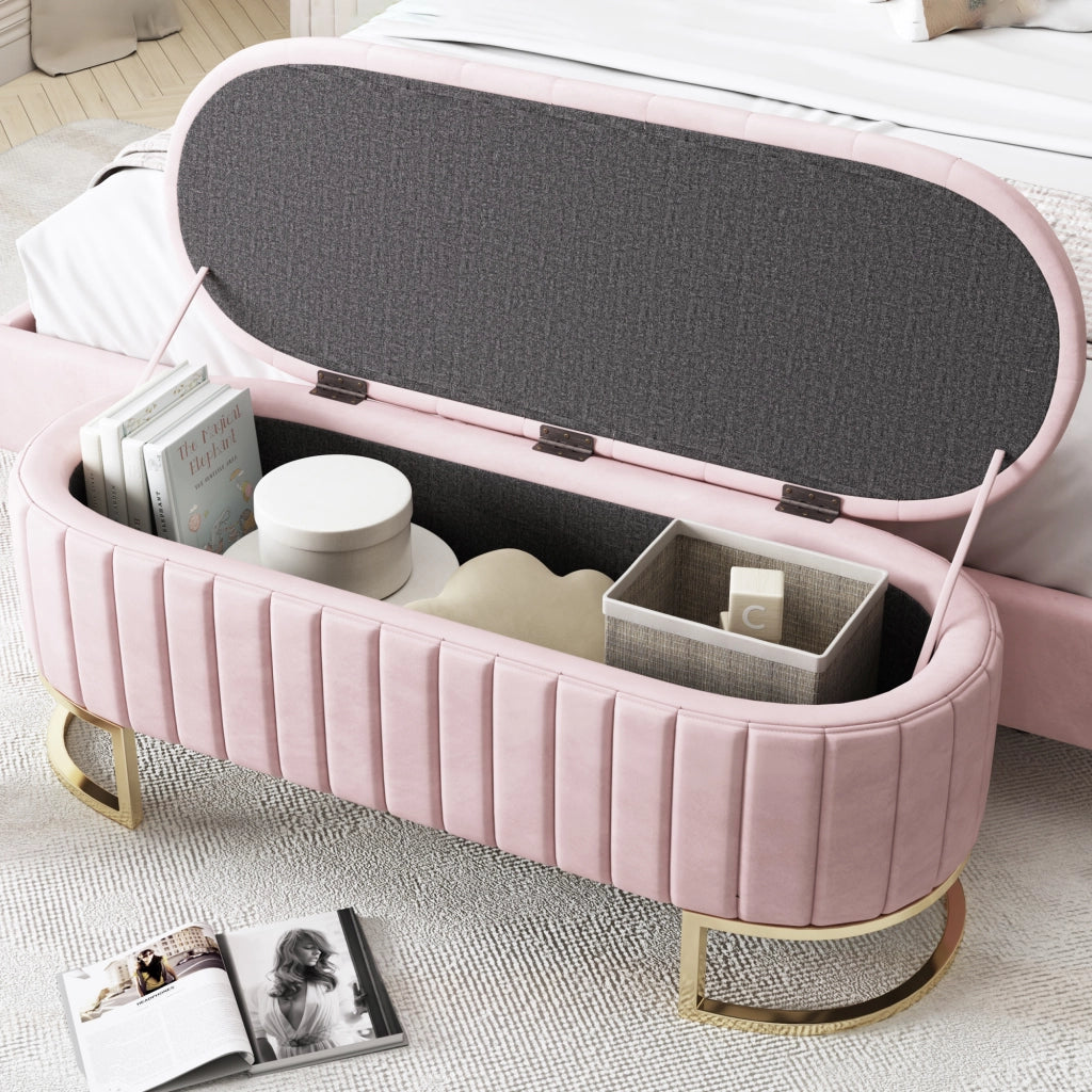 Pouf contenitore imbottito 120 x 39,9 x 41,9 cm in velluto rosa con gambe in metallo