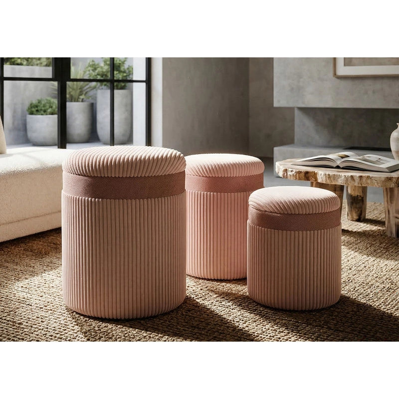 Puff Con Contenitore Cortina Rosa Set 3 Pz cm ø 40,5x49,5-35x42-31x38