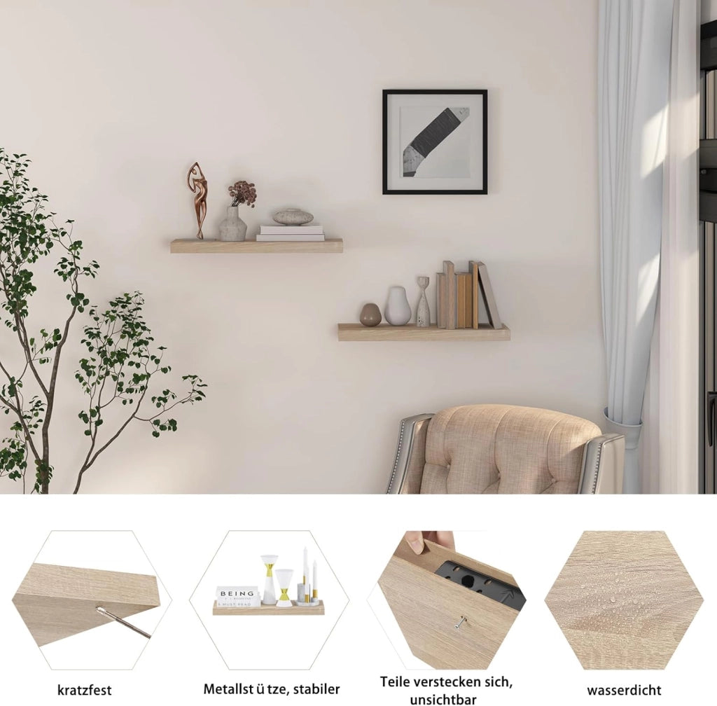 Set di 4 Mensole da Muro, Noce Chiaro, 60cm, in Legno MDF, Librerie Scaffale da Parete Portaoggetti, Stile rétro, Mensole Sospese Decorative per Salotto Cucina Corridoio