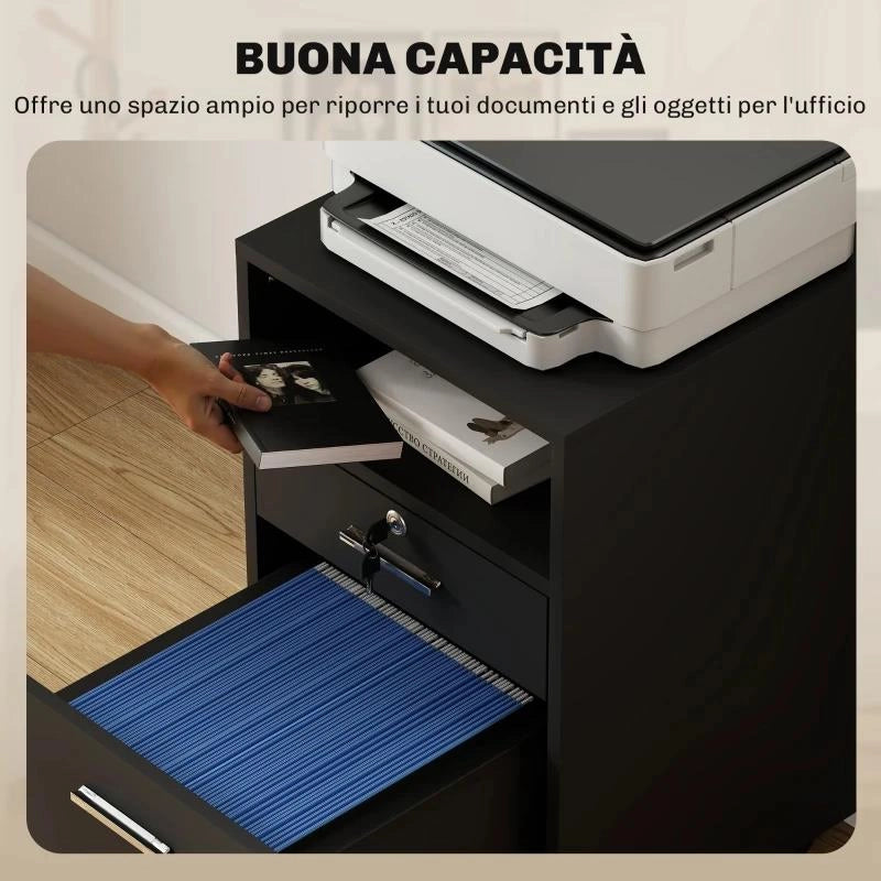 CASSETTIERA DA UFFICIO PORTADOCUMENTI IN LEGNO CON 2 CASSETTI E RIPIANO APERTO, 39X40X65 CM, NERO
