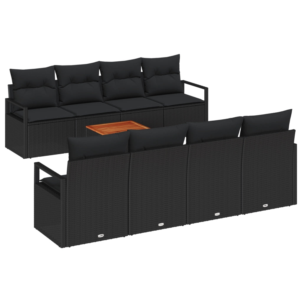 Set di Divani da Giardino con Cuscini Neri in Polyrattan Acacia