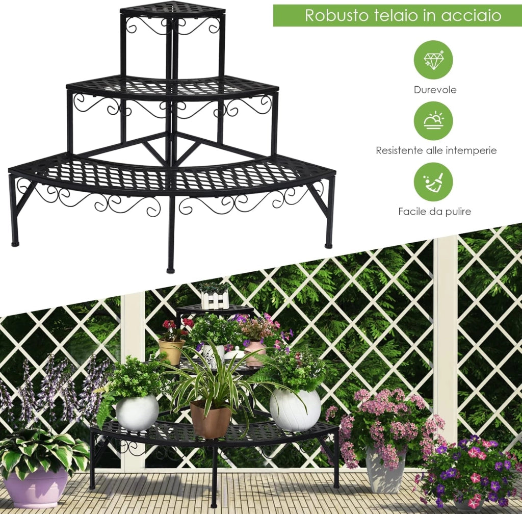 Scaffale Portafiori a 3 Ripiani, Porta Piante da Esterno e Interno a Scala, Scaffale Porta Vasi di Metallo per Balcone, Soggiorno e Giardino, 59 x 59 x 61 cm