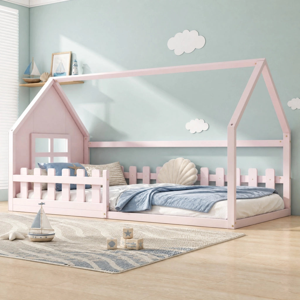 LETTO a casetta 90x200 cm in pino e MDF rosa