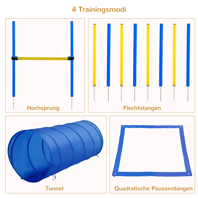 Set di agility per cani, set di attrezzature per agility composto da 4 pezzi: tunnel per cani, ostacoli, 8 pali da slalom, campo di partenza, borsa