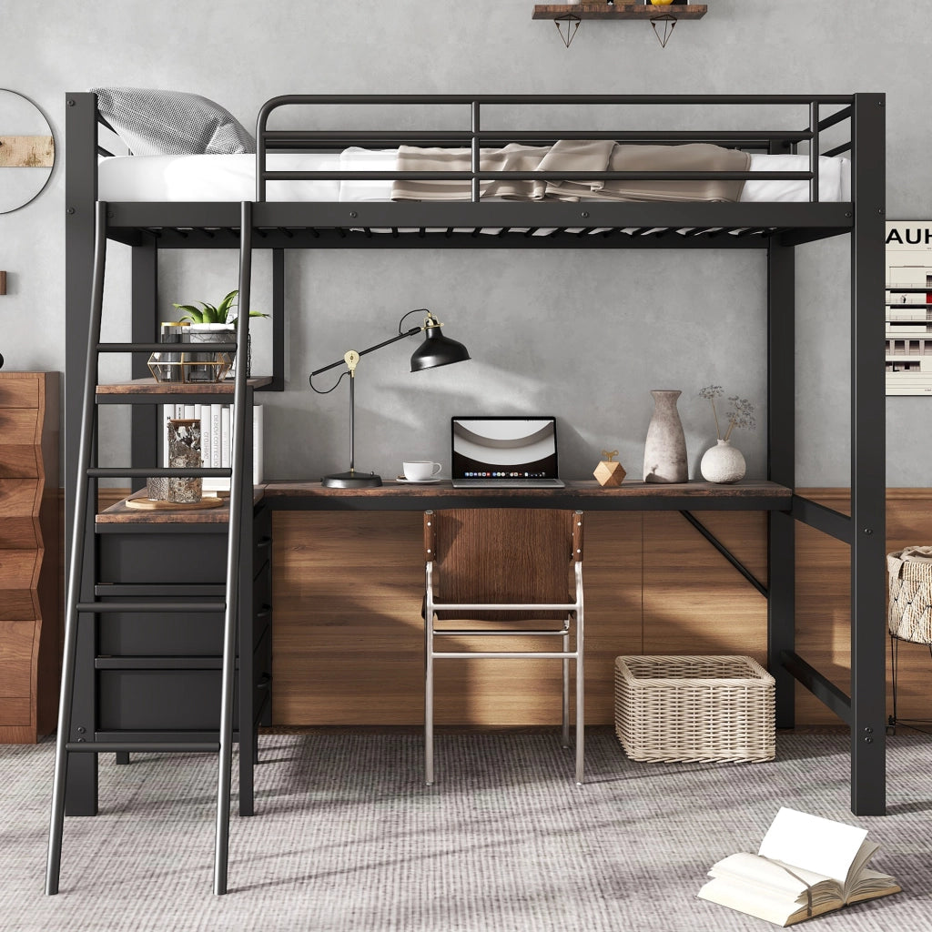 OKWISH Letto a soppalco 90×200 cm, Letto Singolo con Scrivania 200 cm, 3 Cassetti e Mensole, senza Materasso, in Metallo e Legno, Nero