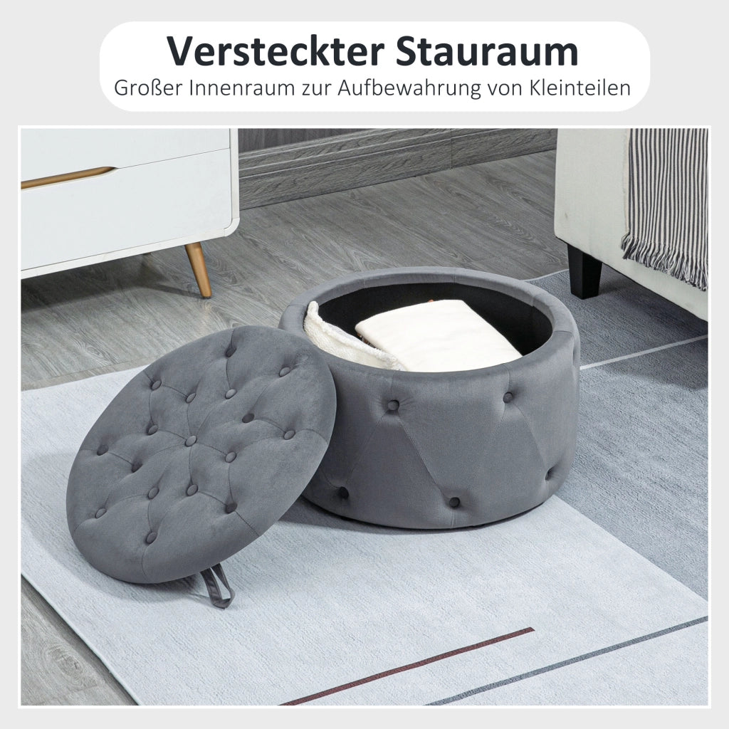 Pouf contenitore rotondo con coperchio e seduta imbottita in poliestere grigio per soggiorno e camera Ø60 × 40 cm