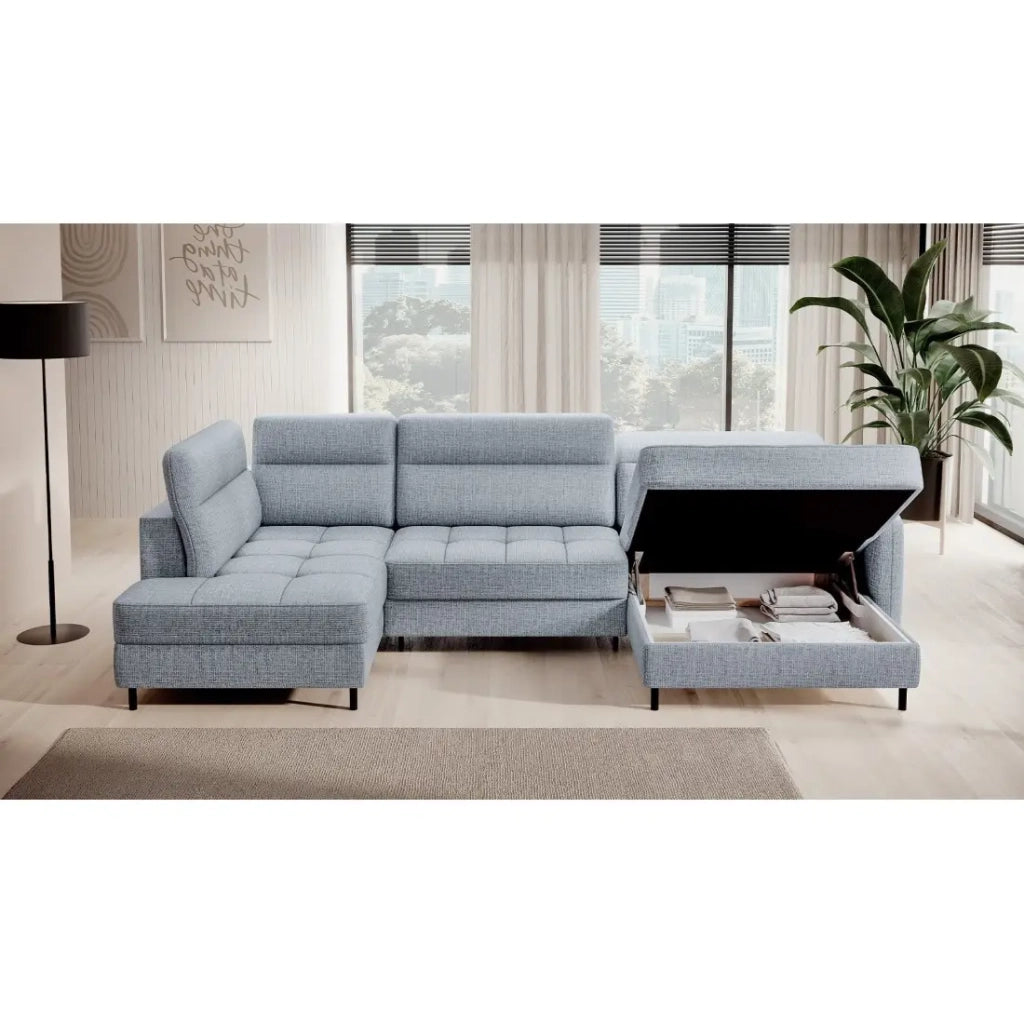 Divano angolare trasformabile BERTHO 306 cm blu grigio effetto melange – Angolo destro con contenitore