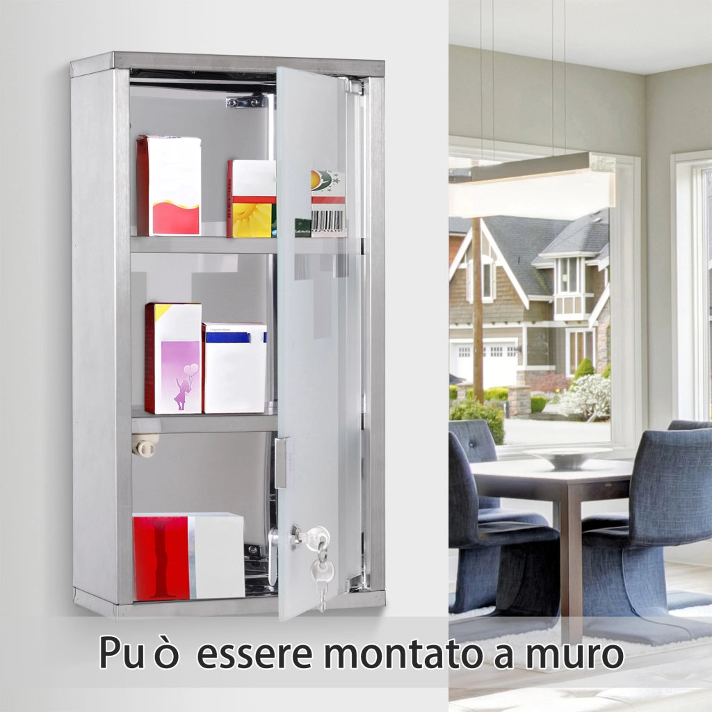 Armadietto Porta Medicinali, Pronto Soccorso Cassetta Medicine in Acciaio Porta in Vetro e 2 Chiavi 48x25cm