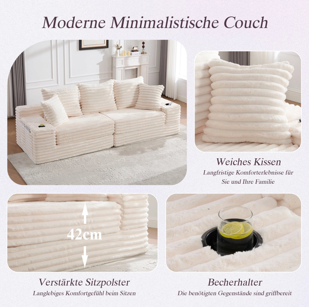 Divano modulabile in velluto a coste beige con tasche laterali e portabevande