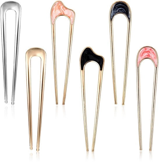 Accessori capelli a forma di U in metallo - 6 pezzi - giallo/argento - accessori capelli - con cerniera per sollevamento - dimensioni 10,7 x 2,4 cm - forchetta per capelli