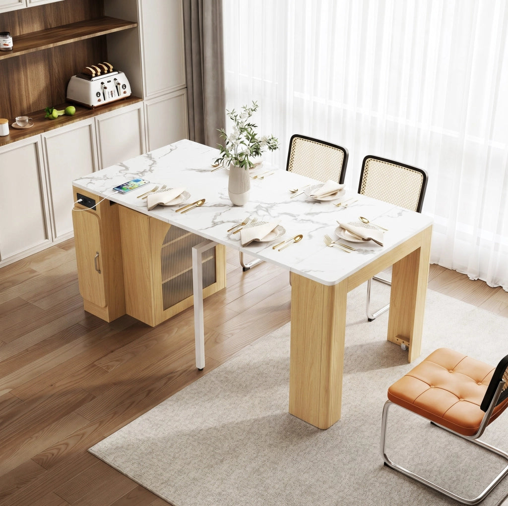 Isola cucina allungabile con LED, prese USB/Type-C, naturale