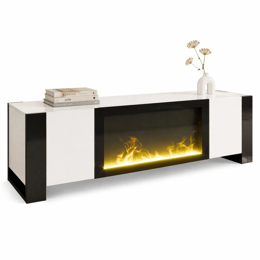 TV-Schrank moderno con camino elettrico decorativo, finitura lucida bianco e nero, 165 x 55 x 32 cm