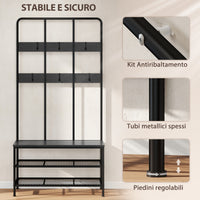 Mobile Ingresso Appendiabiti con Mensola e Scarpiera 91x36x180 cm Struttura in Metallo Nero