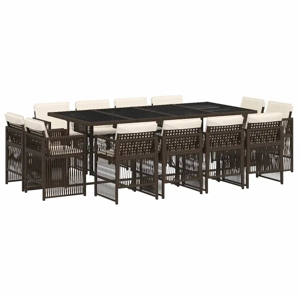 Set da Pranzo da Giardino 13pz con Cuscini Marrone Polyrattan
