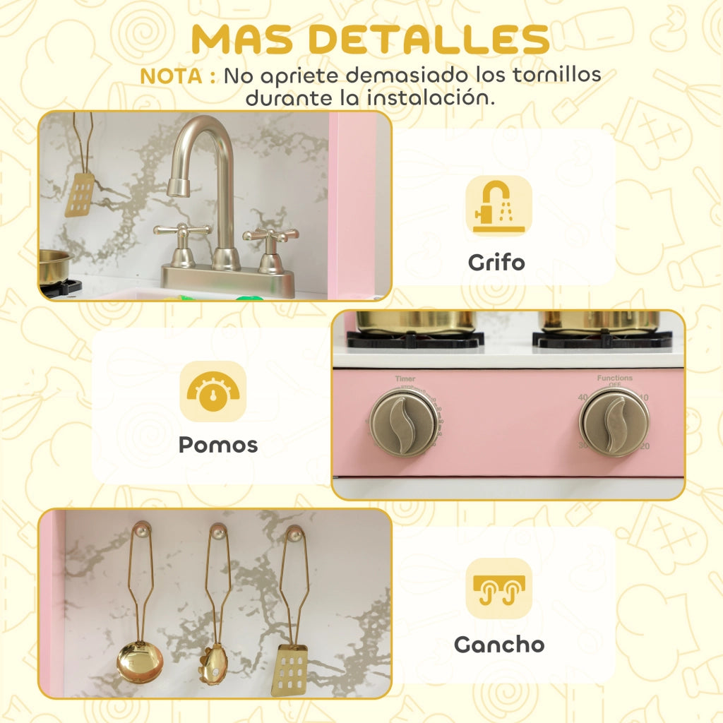 Cucina Giocattolo in Legno con Accessori e Suono ¨C Zephmum ¨C Rosa, Acciaio Inox
