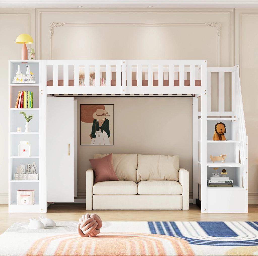Letto a soppalco multifunzione 90x200 cm con armadio ampio, mensole e scaletta di sicurezza bianco