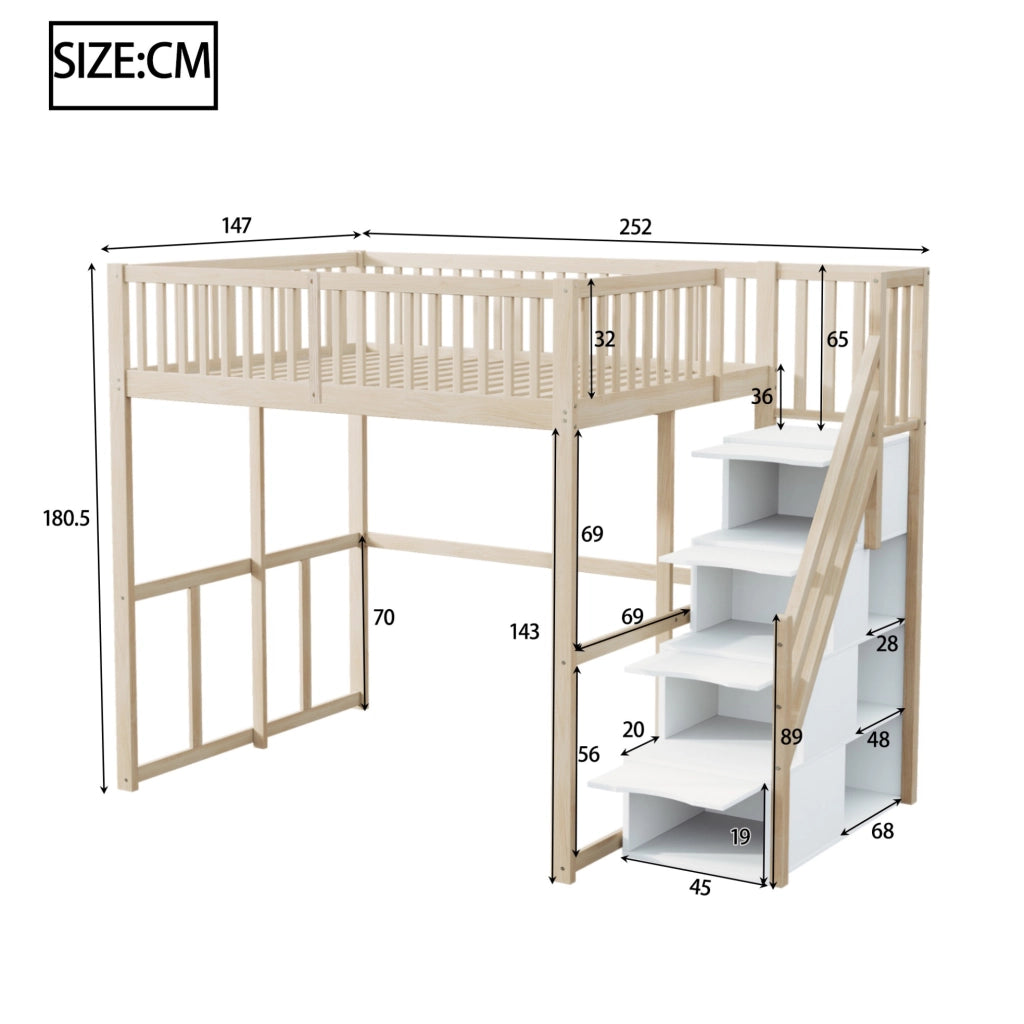 Letto a soppalco 140x200 cm in legno con scala contenitore e protezione